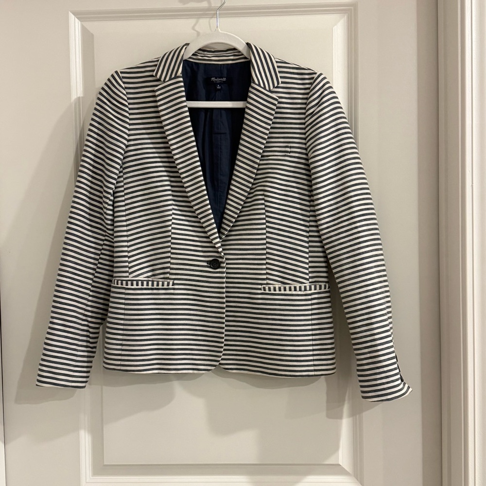 Madewell Striped Cotton & Linen Blend Blazer-Navy and White